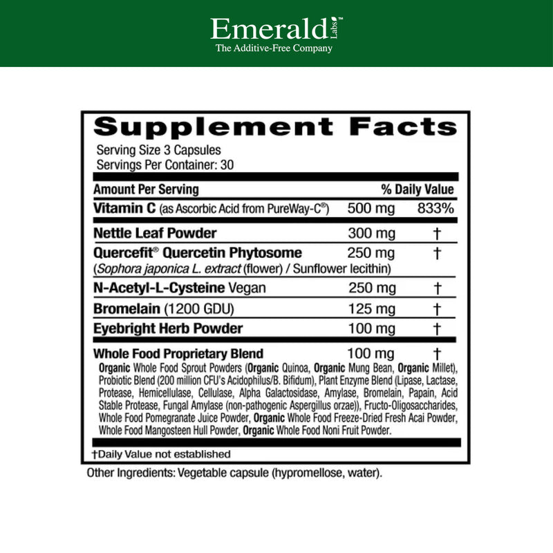 EMERALD LABS Allergy Health, 90 Capsules (30 Servings) | Non-Drowsy Allergy Support Supplement with Clinical Potency, For Pollen & Dander, Quercetin Phytosome & NAC, Non-GMO & Vegan