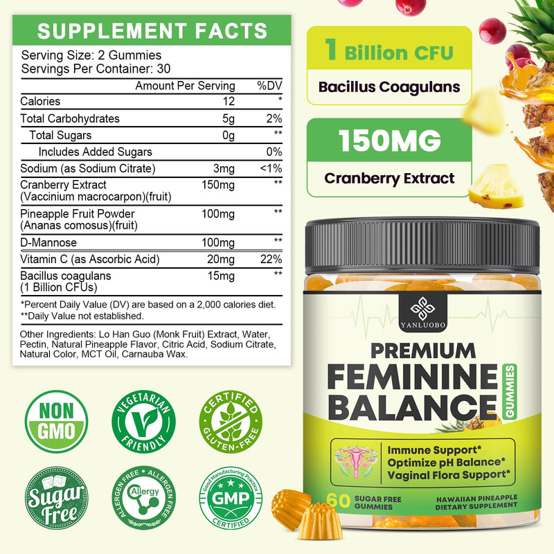 Feminine Balance Probiotic Gummies - Women's Vaginal Health Support | PH Balance & Odor, Flora, Immune Support | Probiotics for Women, Vegan Pineapple Flavor, 60 Count 60 Count (Pack of 1)