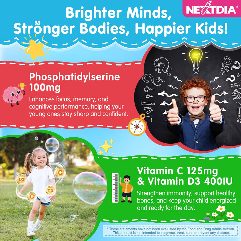 Phosphatidylserine Supplement 100mg, Focus Gummies for Kids Teens + Vitamin C & D3 400IU, Sugar Free Kids Brain Gummies Increase Attention & Concentration, Chewable, Vegan, Gluten Free, Non-GMO 60Cts 60 Count (Pack of 1)