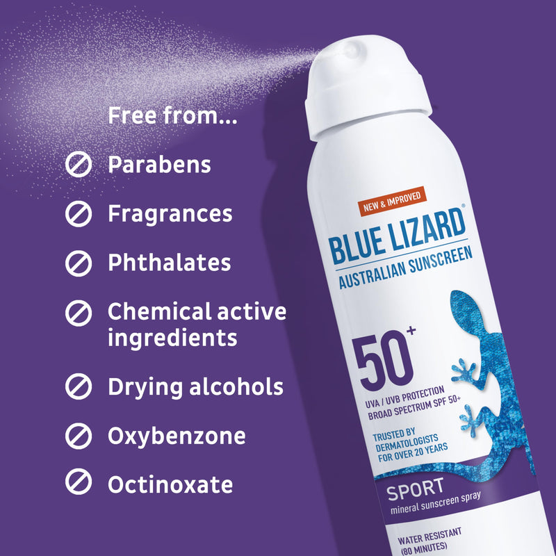 BLUE LIZARD Sport Mineral Sunscreen Spray SPF 50+, Dermatologist-Recommended Brand, Broad-Spectrum UVA/UVB Protection, Water-Resistant, Zinc Oxide Formula, Vegan, 5 fl oz SPF 50+ - BeesActive Australia