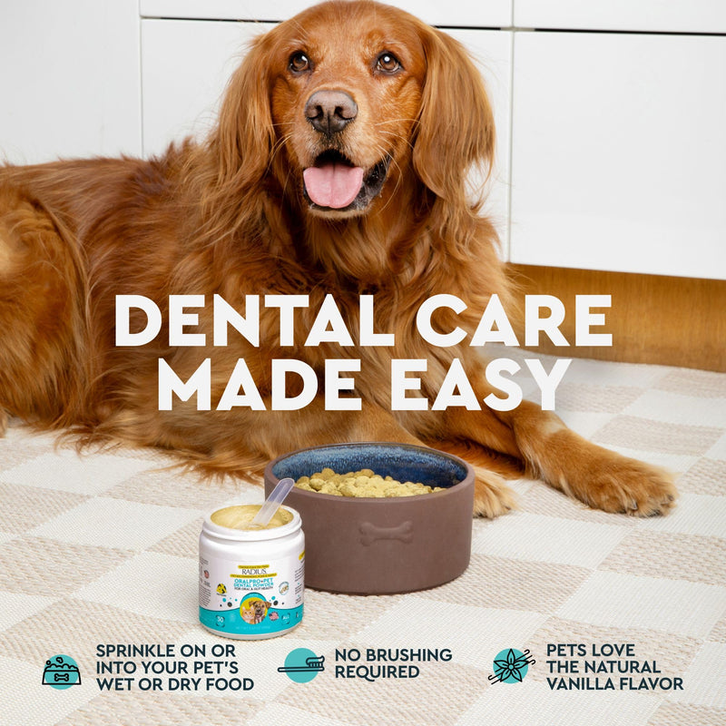 Radius OralPro+ Pet Dental and Gut Powder - Enzyme-Powered Dog and Cat Plaque and Tartar Remover - Natural Vanilla Daily Meal Topper for Fresher Breath & Digestive Balance - 3.5 Oz, Scoop Included