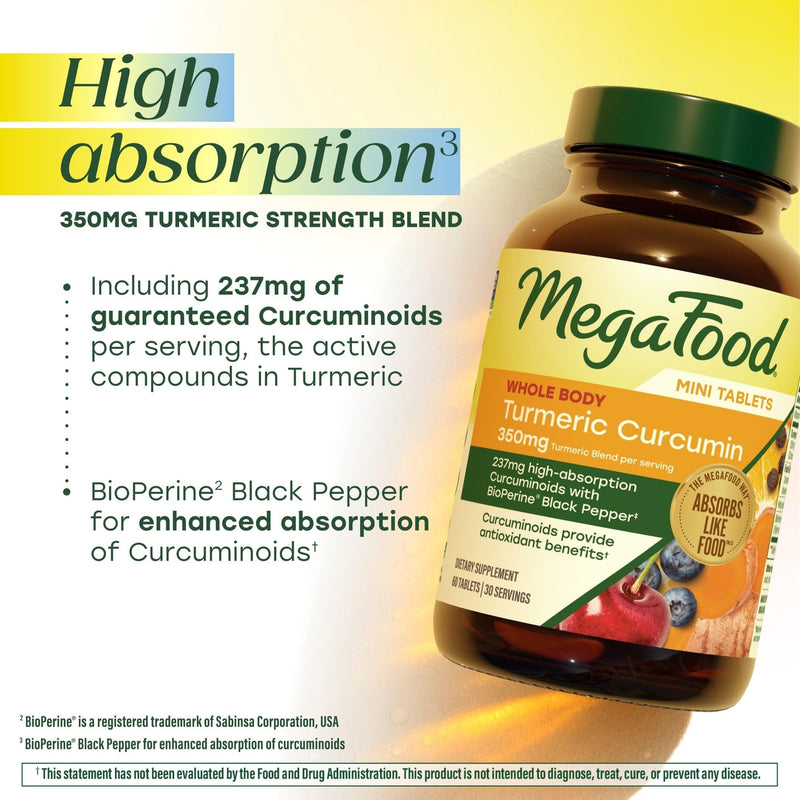 MegaFood Whole Body Turmeric Curcumin with Black Pepper, 120 Mini Tablets | Turmeric Supplement with Vitamin C, 237 mg Curcuminoids Per Serving, Antioxidant and Immune Support, Vegan, 60 Servings 120 Count (Pack of 1)