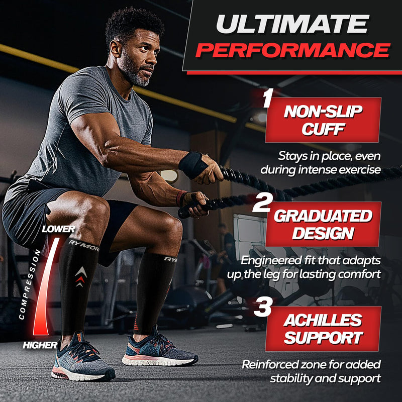 Rymora Calf Compression Sleeves Men Women - Leg Compression Sleeve Footless Socks - Shin Splint Relief Fitness Running Medium Black - BeesActive Australia