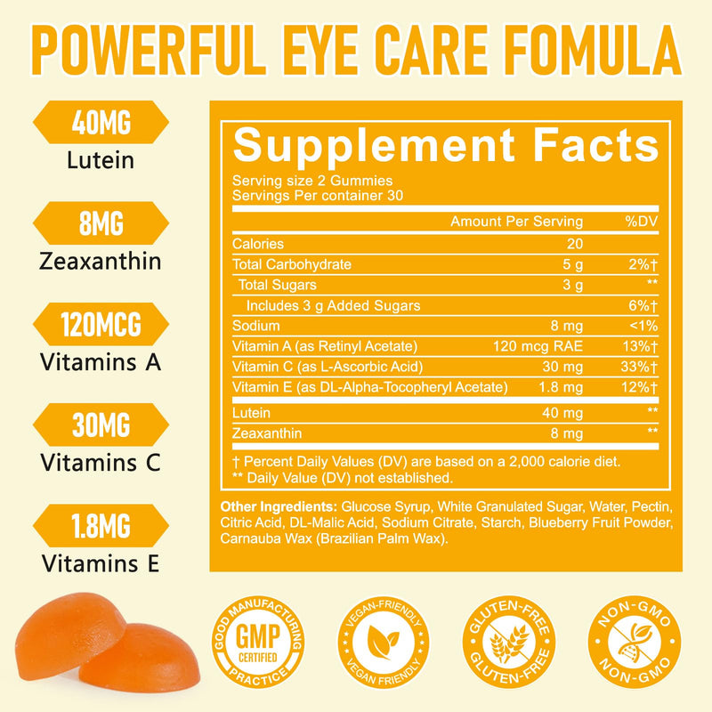 Lutein Gummies, Lutein and Zeaxanthin Supplements with Lutein 40mg & Zeaxanthin 8mg, Eye Vitamins Gummies for Eye Health Supplements, Seniors Adults & Teens Vision Health, Vegan, 60 Gummies