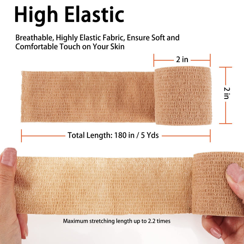 24 Pack Self Adherent Cohesive Bandage Wrap, 2” x 5 Yards Stretch Non Woven Self Adhesive Tape - Skin Colour Athletic Elastic Bandage for First Aid Medical, Sports, Ankle, Wrist Sprains Brown 2 Inch - BeesActive Australia