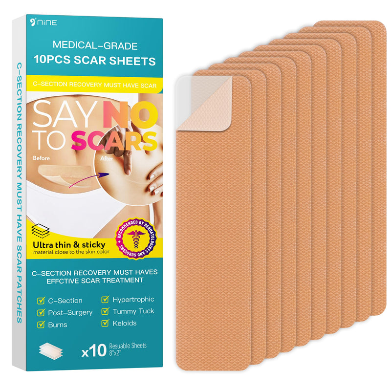 Silicone Scar Thicked Sheets,C Section Recovery Kit 2in x 8in 10ct | Reuseable Extra Long Scar Strips for Reducing the Appearance of Keloid Bump,Stretch Marks,Burn,Surgical Scar Removal(Latex Free)