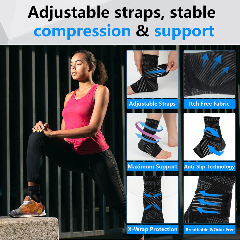DRNAIETY Copper Ankle Brace for Men & Women - 1 Pair Adjustable Ankle Support Compression Sleeve for Plantar Fasciitis, Achilles Tendonitis, Foot Pain, Swelling, Sprains - Everyday Use (Black,L) Large Black