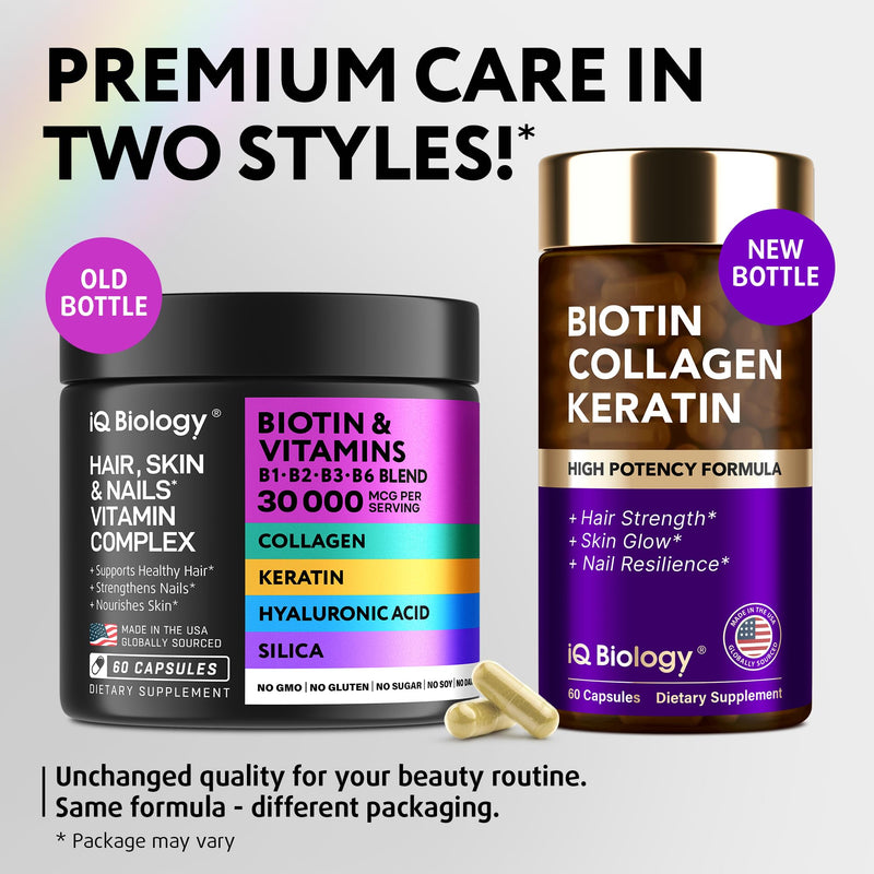 Biotin 10,000 mcg Supplement - Hair Growth Support for Women & Men - 60 pcs | Hair Skin and Nail Vitamins with Keratin, Collagen, Hyaluronic Acid & Vitamin B Complex - 30,000 mcg Hair Vitamins Complex 60 Count (Pack of 1)