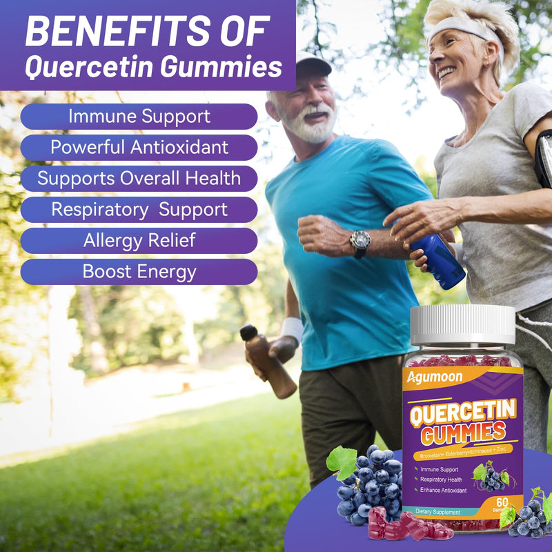 2 Pack Quercetin Gummies, 1000mg Quercetin with Bromelain Zinc Elderberry, Immune & Antioxidant Support, Vegan Gummies for Adults & Kids, 120 Count 60 Count (Pack of 2)