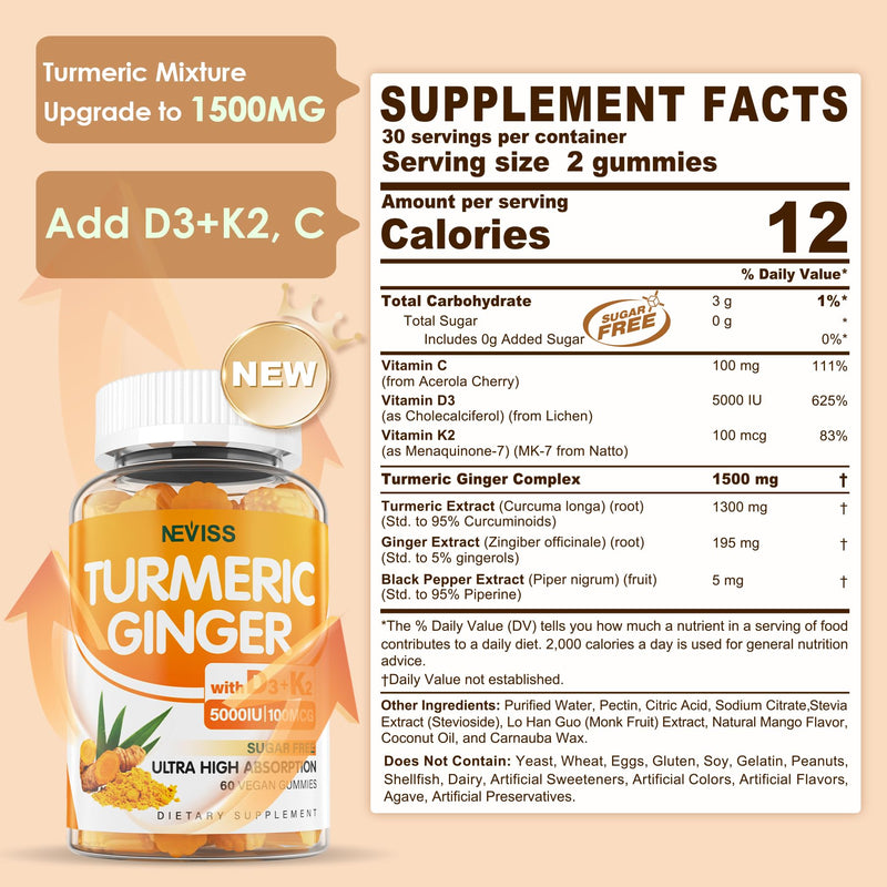 Turmeric Ginger Gummies 1500mg w/Vitamin D3 K2, Sugar Free, Vegan, 60ct | Organic Turmeric Curcumin Gummy for Women & Men with 5000IU D3 Vitamin & MK-7, Immune & Digestive Support, Mango Flavor 60 Count (Pack of 1)