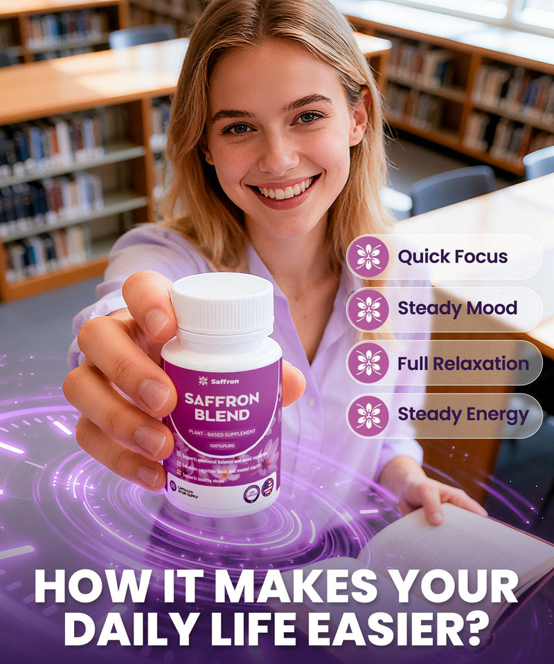 Saffron Supplements for Men & Women - Mood, Energy & Vision Support - Saffron, Magnesium, Vitamin B6 & Adaptogenic Herbal Blend, Non-GMO, Gluten-Free, 60 Vegan Capsules(30 Day Supply)
