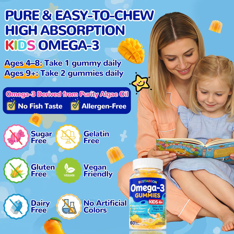 Vegan Omega 3 Gummies for Kids 4+: Natural Omega-3 Fatty Acid Supplement DHA EPA with Vitamin D3 B12 Probiotic Lutein Zinc for Overall Health - No Fish Taste Multivitamin for Kids(60Count) Mango 60 Count (Pack of 1)