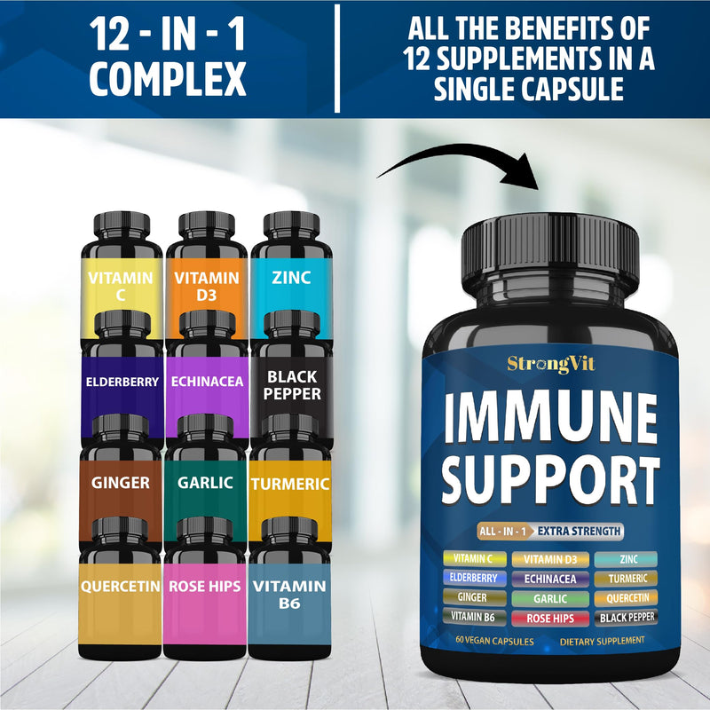 StrongVit Immune Support Supplement 12 in 1 Complex with Vitamin C, D3, Zinc, Echinacea, Elderberry, Ginger, Turmeric. Immune Defend for Men & Women, Non-GMO, Gluten-Free, Vegan, USA 60 Count (Pack of 1)