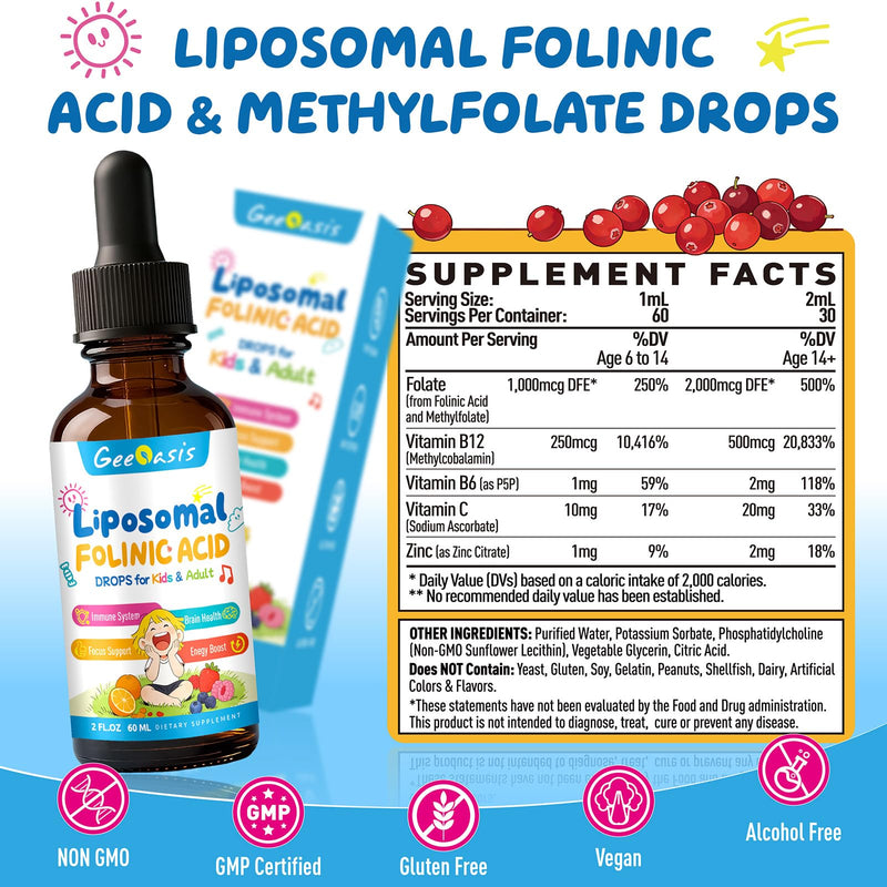 Liquid Folinic Acid & Methylfolate Drops for Kids, 2 Fl Oz | Folic Acid Supplement with Methylated B12 for Women, with Zinc Citrate, Vitamin B6 & C
