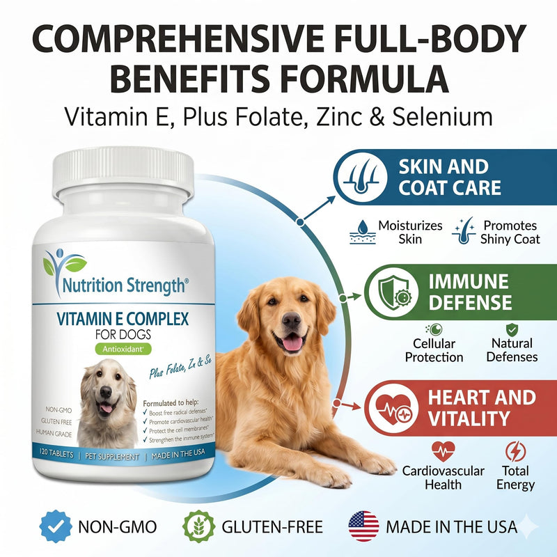 Vitamin E for Dogs, Promote Cardiovascular Health, Support Cell Membranes, Vitamin E Complex to Boost Dog Immune System Plus Zinc, Selenium, Folate, Salmon Oil, 120 Chewable Tablets