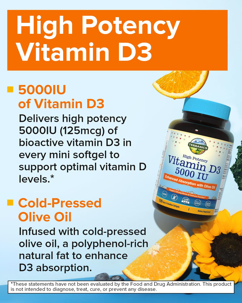 Terranics Vitamin D3 5000IU (125mcg), with Olive Oil, Enhanced Absorption, Non-GMO, No Gluten or Soy, Bone Health, Immune Support, 120 Mini Softgels