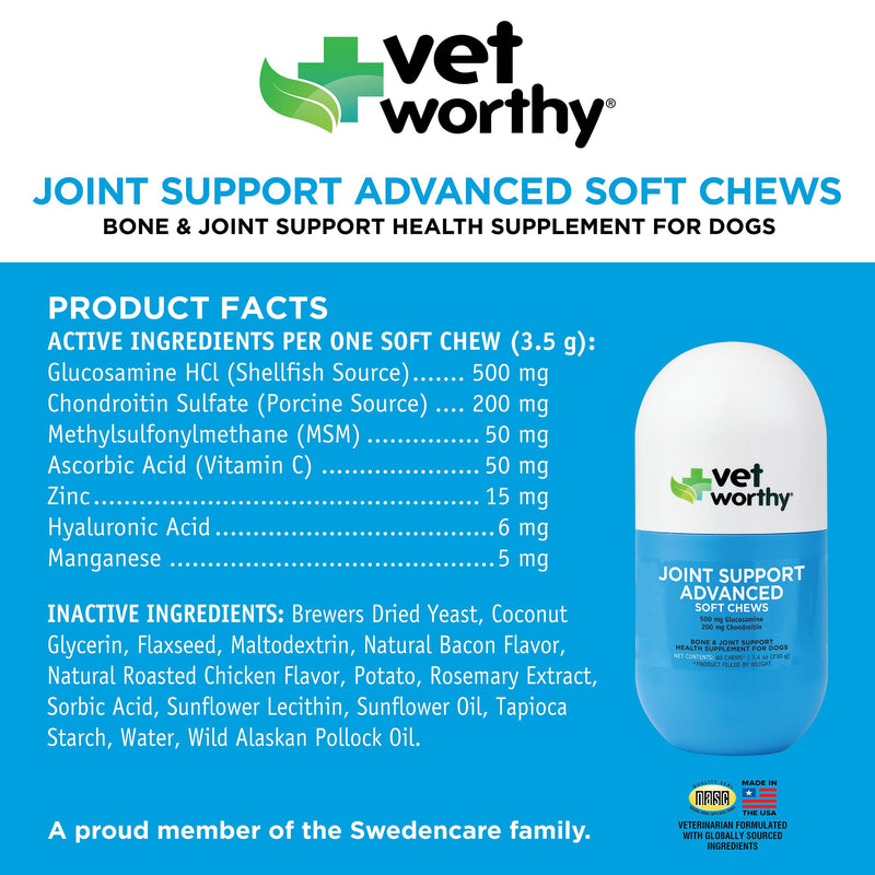 Vet Worthy Advanced Glucosamine Chondroitin for Dogs - Hip and Joint Chews for Dogs with MSM - Supports Joint Function to Maintain Mobility and Flexibility - Bacon & Chicken Flavor (60 Soft Chews)