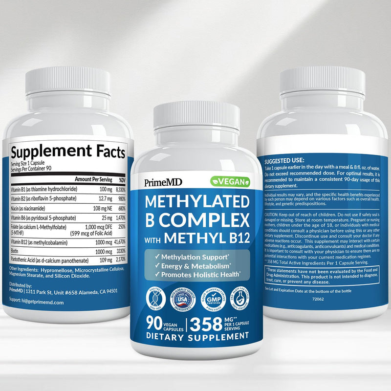 PrimeMD Methylated B Complex, Methylfolate & B12 Methylcobalamin, 90ct | Energy, Brain Function and Wellness Support, Methylated B12 and Methylfolate, B Complex Supplement (Pack of 2) 90 Count (Pack of 2)