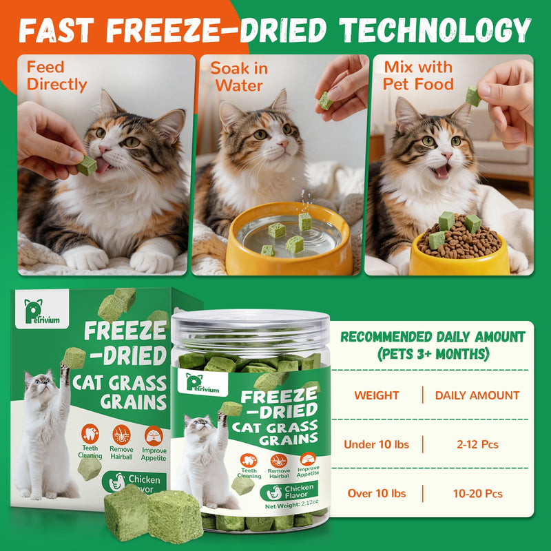 Cat Grass Treats for Indoor Cats, 60g Freeze-Dried Cat Teeth Cleaning Treats - Feline Grass Treаts for Hairball Control and Digestive Support with Probiotics & Prebiotics, Chicken Flavor