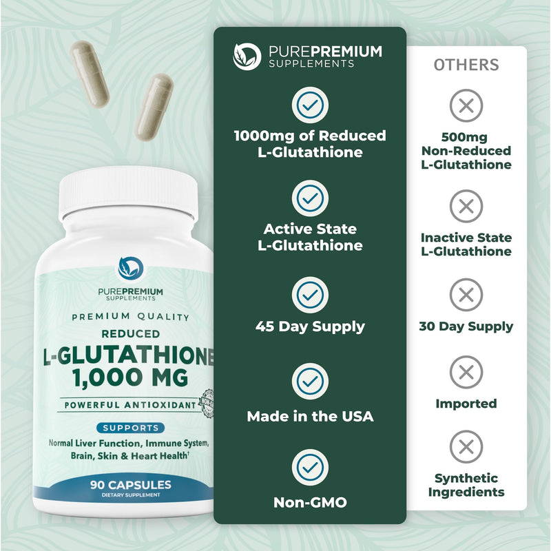 PurePremium Reduced Glutathione 1000mg Per Serving - 500mg Per Capsule ‚Äì L-Glutathione Supplement & Antioxidant Support for Normal Liver, Brain, Skin & Heart Health ‚Äì 90 Capsules - BeesActive Australia