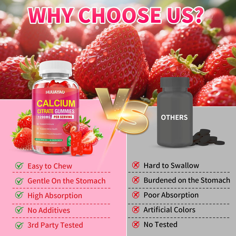 Calcium Citrate Gummies 1200mg, Chewable Calcium Supplements for Women & Men, High Absorption Calcium Gummies for Bone, Muscle & Immune Support, Sugar Free, Strawberry Flavor 120 Count 120 Count (Pack of 1)