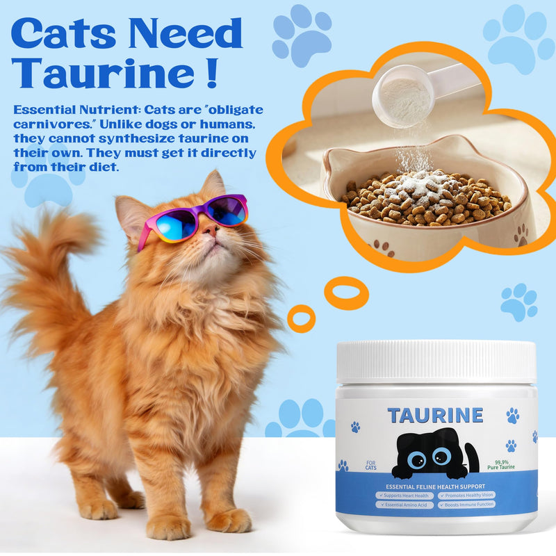 Taurine Powder for Cats - Supports Heart & Vision Health, Immune Support, Boosts Energy & Vitality, Skin & Coat Wellness, 99.9% Pure, Water-Soluble with Dosing Spoon, 200g