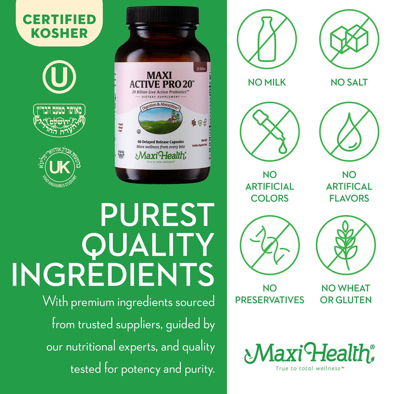 Maxi Health Probiotics for Digestive Health and Gut – 15 Strains, 20 Billion CFU Active Organisms - Probiotics for Men and Women – Daily Probiotic for Digestive Support, 60 Capsules | Kosher | Probiotics for Women & Men | 15 Strains · 20 Billion CFU | ...