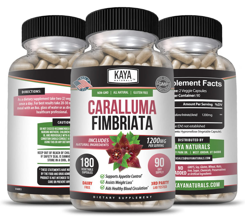 Kaya Naturals - Caralluma Fimbriata 1200mg High Potency Supplement | Maximum Strength Natural Endurance Support, Vegetarian Capsules (180 Count) 180 Count (Pack of 1)