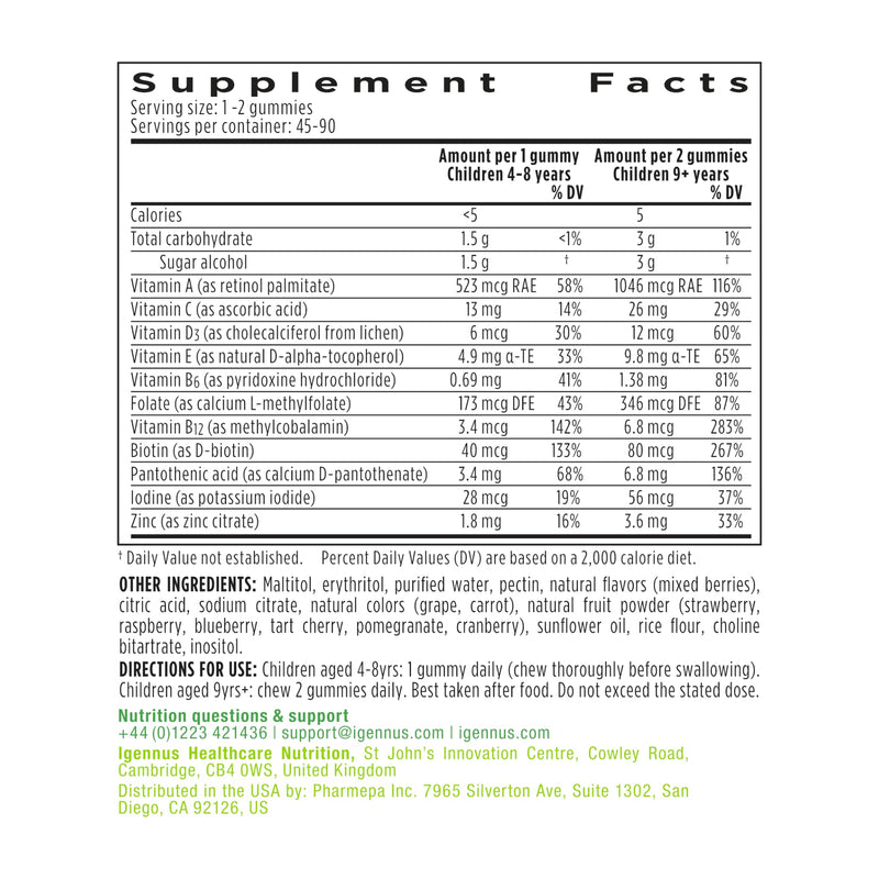Igennus Methylated Kids Multivitamin Gummy, MTHFR, No Artificial Sweeteners or Flavors, Sugar Free, Age 4+, 90 Natural Berry Flavor Gummies from Fruit Powder, Non-GMO, Halal, Clean Label 90 Count (Pack of 1) - BeesActive Australia