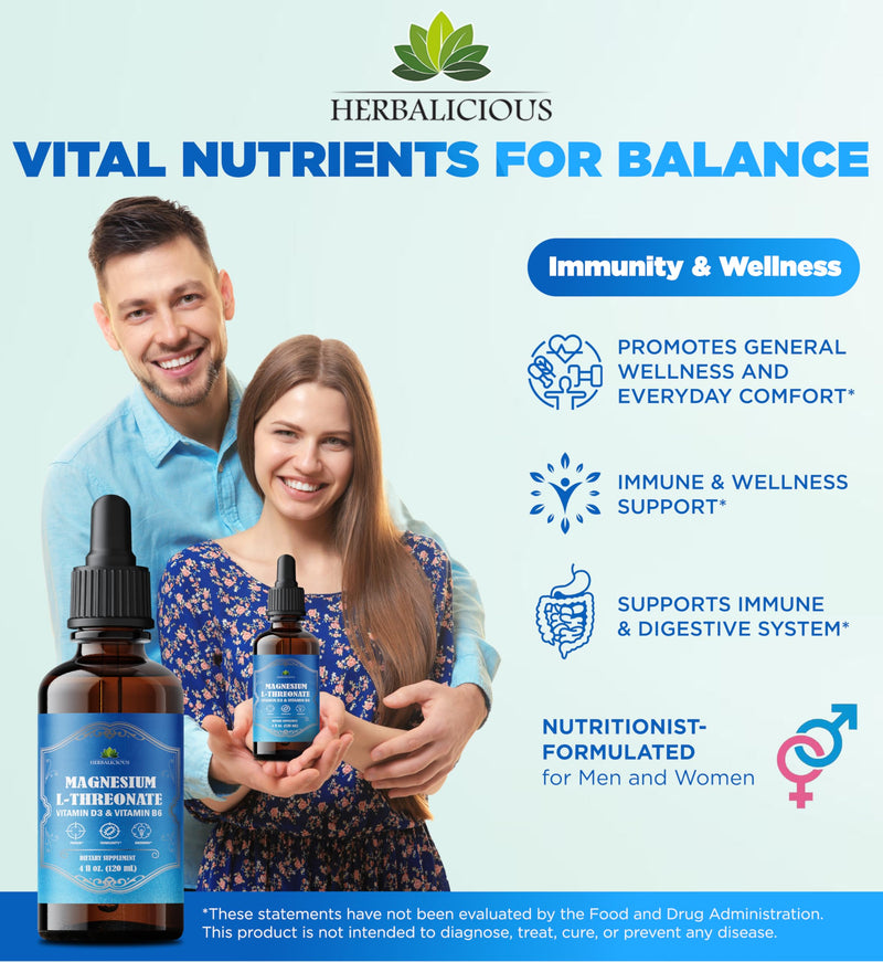 HERBALICIOUS Magnesium Complex Liquid with Vitamin D3 & B6 – High Absorption Citrate, Glycinate & L-Threonate – Supports Energy, Mood, Relaxation, Bone Health & Immunity – 4 oz Liquid Drops