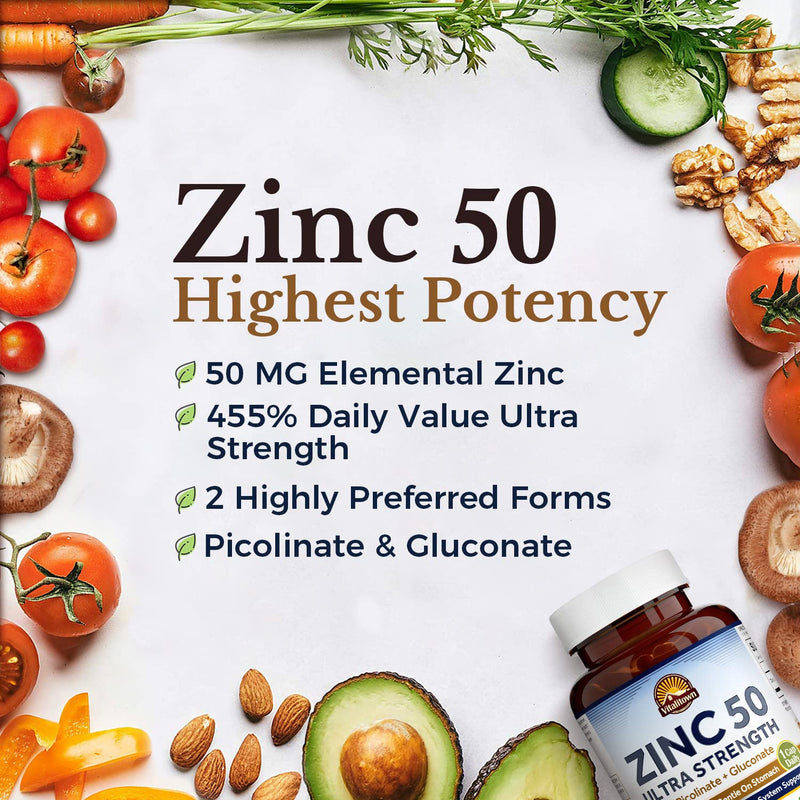 Vitalitown Chelated Zinc 50 mg, Zinc Picolinate & Gluconate, 60 Veggie Capsules, Well-Absorbed, Immune System, Healthy Skin & Development, Vegan, NO Gluten, Non-GMO 60 Count (Pack of 1)