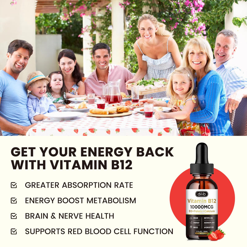 Vitamin B12 Liquid Drops Sublingual 10000 mcg, Triple B-12 Complex Supplement, Methyl & Methylcobalamin Blend for Women & Men, Mood & Energy Booster, Metabolism & Health Support, 2 Pack Strawberry 2 Fl Oz (Pack of 2)