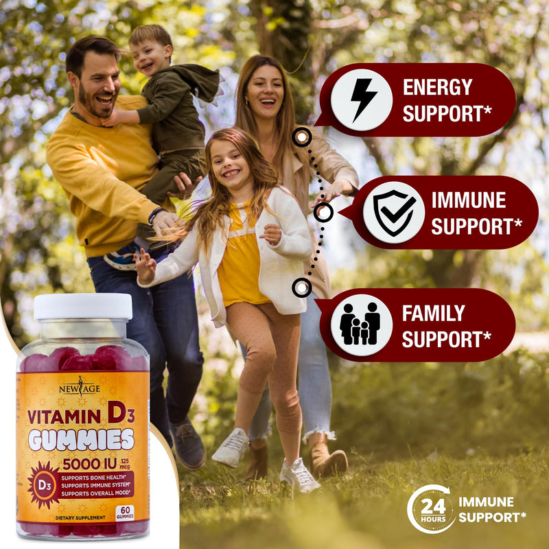 NEW AGE Vitamin D3 5000 IU 125mcg Gummies - Support Immune Support, Strong Bone Health - Non-GMO, Gluten-Free, Dairy-Free, No Gelatin (120 Gummies (Pack of 2)) 120 Gummies (Pack of 2) - BeesActive Australia
