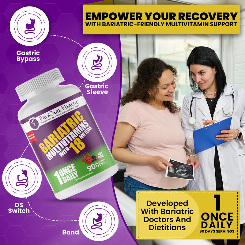 Core-18 Bariatric Multivitamin | Fruit Punch | Chewable | 90ct | Once Daily Bariatric Multivitamin with Iron 45mg Chewable Tablets for Gastric Bypass, Sleeve & Post-Op Support - Made in USA 90 Count (Pack of 1)