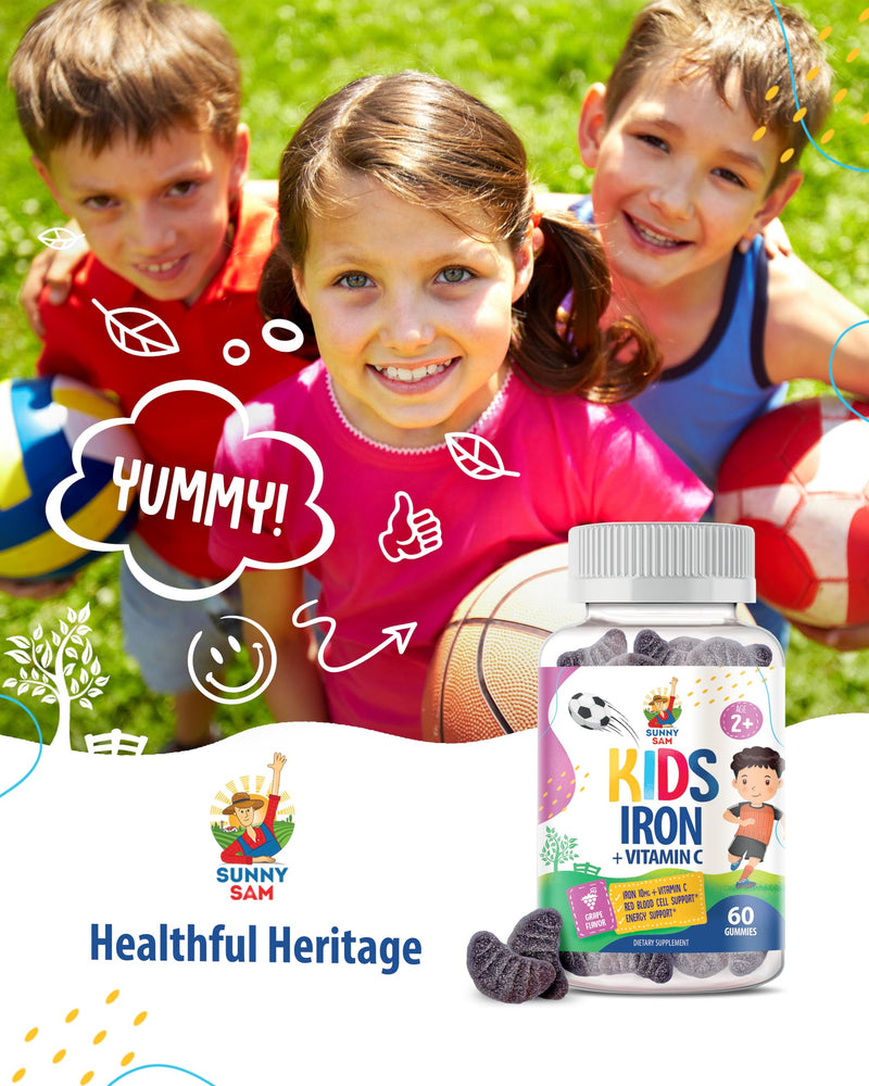 SUNNY SAM Iron Gummies for Kids & Teens - 10mg Vitamins with Vitamin C - Low-Sugar Chewable Iron Gummy Supplement for Immune Support, Supports Red Blood Cell Production for Children & Teen Girls 60 Count (Pack of 2)