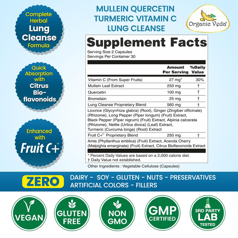 Organic Veda Mullein Quercetin Turmeric Lung Cleanse Capsules – 13 in 1 Herbal Lung Health Supplement with Bromelain, Ginger, Vitamin C – Respiratory Immune, Lung Detox for Smokers (60 Capsules) 60 Count (Pack of 1)