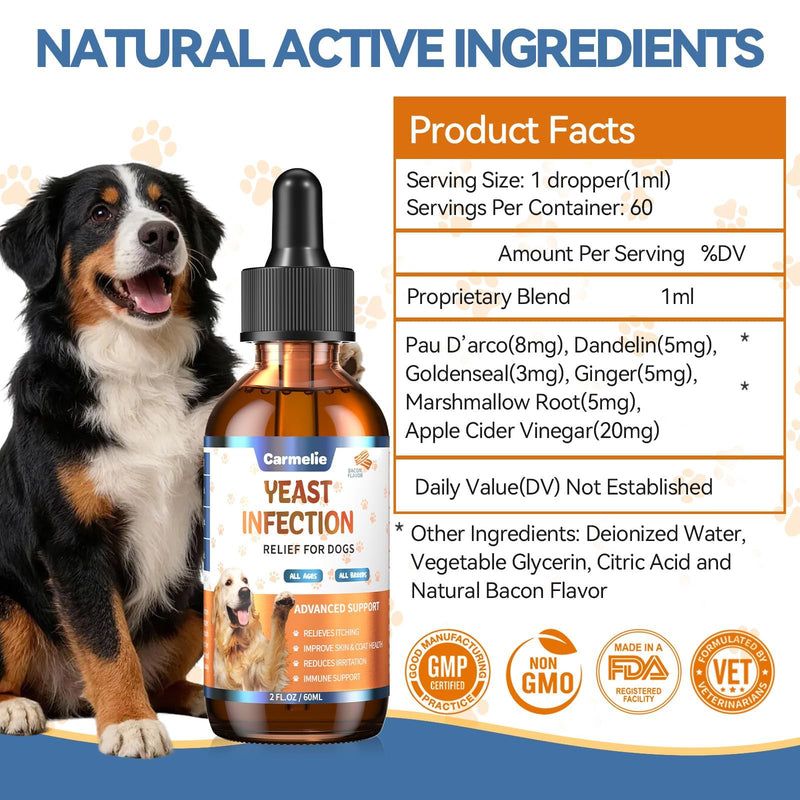 Carmelie Natural Yeast Relief for Dogs, Support Healthy Itch Relief, Ear Paw Discomfort Care, Itch Relief for Dog, Allergy Supports, Inflammation Relief for Dogs, 60ml Bacon Flavor 1PC