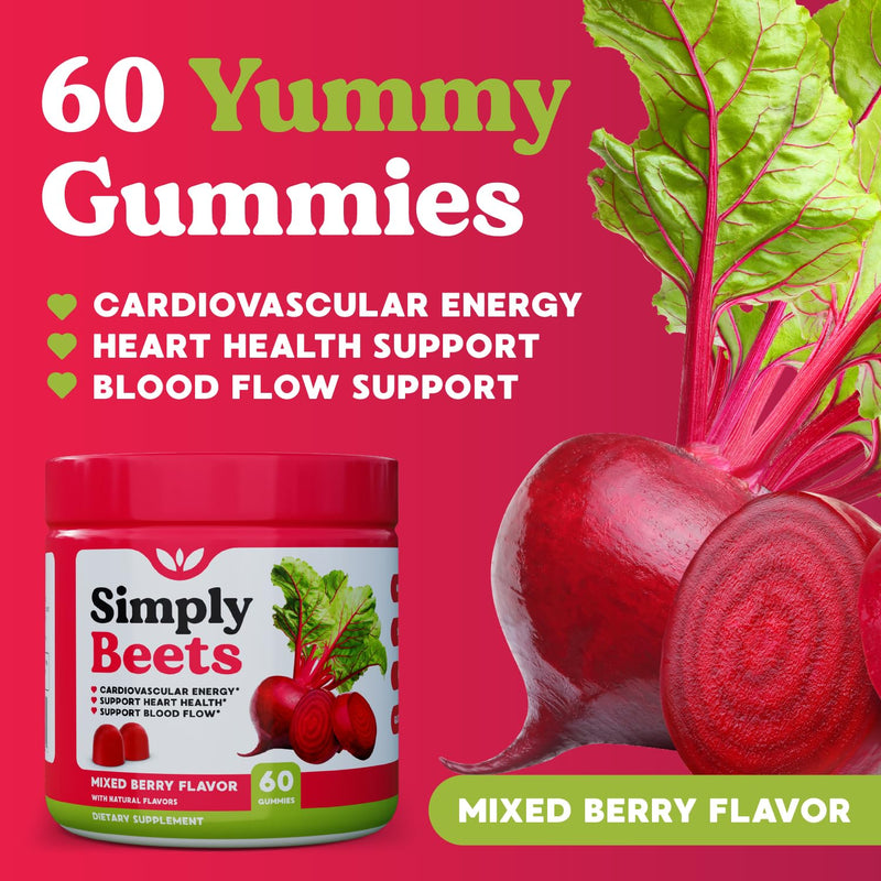 Simply Nature's Pledge Beet Gummies, CoQ10, Grape Seed Extract (Pack of 2) | CoQ10, Nitric Oxide & Energy Support, Non-GMO Beetroot Powder & Grape Seed Extract, Natural Mixed Berry Flavor 60 Count (Pack of 2)