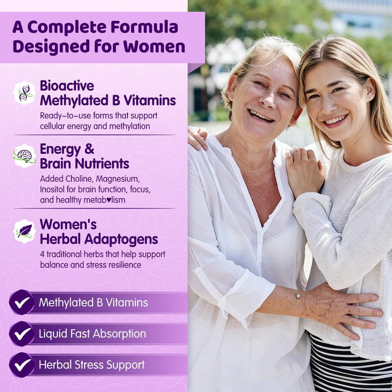 duwhot Women Methylated B-Complex Liquid Drops, 2 Fl Oz | Active B Vitamins B1 B2 B6 B9 (5-MTHF) & B12 1000 mcg, Vitamin C, Magnesium, Inositol, Choline & Herbal Blend