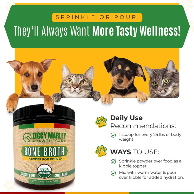 Ziggy Marley's USDA Organic Beef Bone Broth Powder for Dogs & Cats - Support Joints, Coat, and Skin - Human Grade Grass Fed Beef, 90 Grams 90 Grams Jar