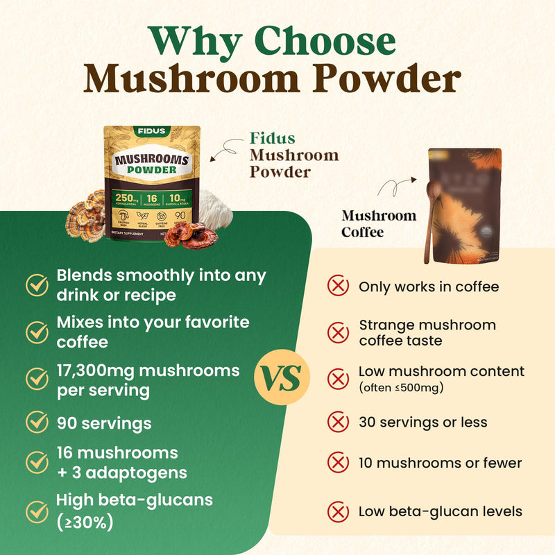 Fidus 16 Mushroom Supplement Powder with 17,300mg, 90 Day Servings Mushroom Coffee Alternative for Immunity, Focus & Energy with Ashwagandha, Lion's Mane, Chaga and Reishi, 100% Fruiting Bodies 6.7 Ounce (Pack of 1)