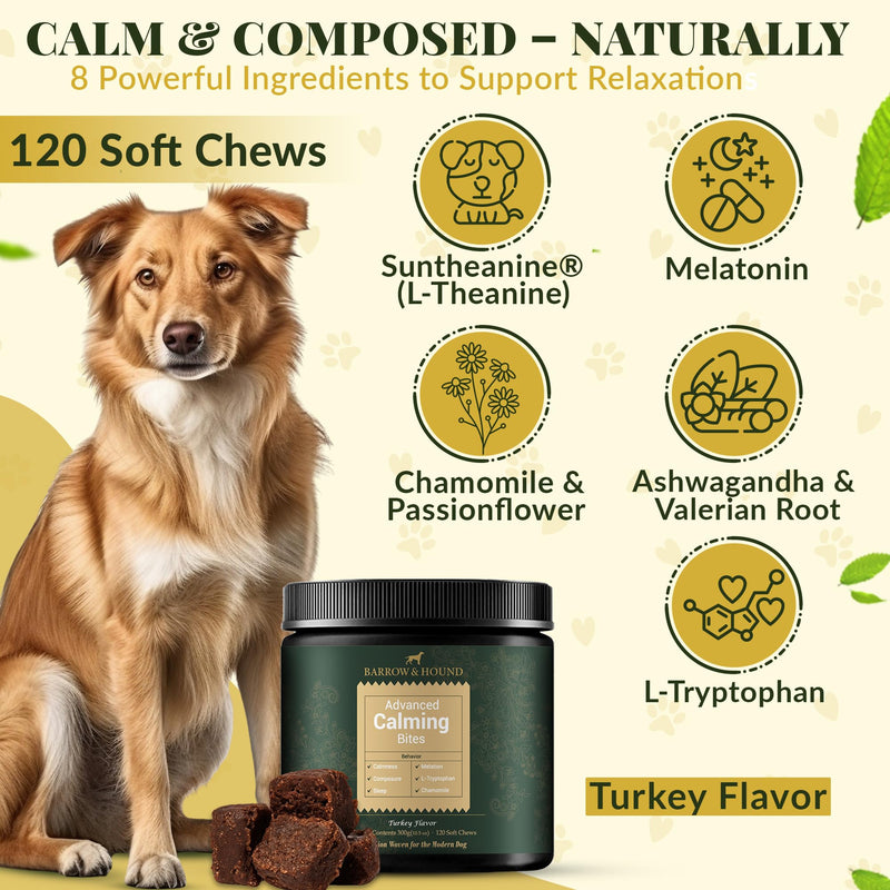 Barrow & Hound – Advanced Calming Chews for Dogs – 120 Soft Chews with Chamomile, Valerian Root, L-Theanine & Melatonin – Turkey Flavor – Supports Relaxation & Composure