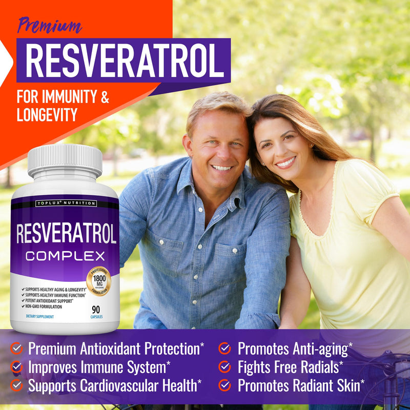 Resveratrol Supplement 1800 mg Antioxidant Complex - Highly Potent Natural Trans-Resveratrol Pills for Healthy Aging, Overall Health Support, Immune System, Brain Function, for Men Women, 90 Capsules 90 Count (Pack of 1)