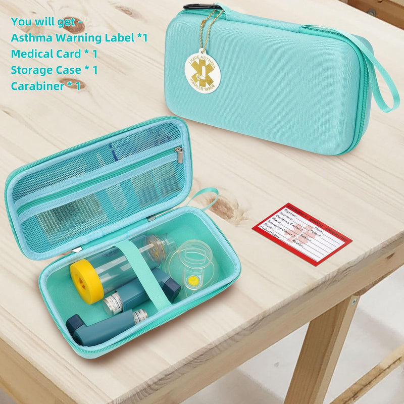 YouKnow Travel Carrying Case for Asthma Inhaler, Inhaler Spacer for Adults and Children, Mask, Inhaler Holder with Asthma Warning Label and Medical Card, with Carabiner (Case Only) (Green) Green - BeesActive Australia