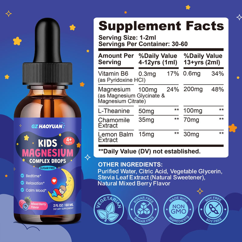Magnesium Glycinate Liquid for Kids - Magnesium Citrate Supplement with L-theanine, Chamomile & Vitamin B6 - for Sleep, Relaxation, Calm & Focus, Mixed Berry Flavor 2 Fl Oz 2 Fl Oz (Pack of 1)