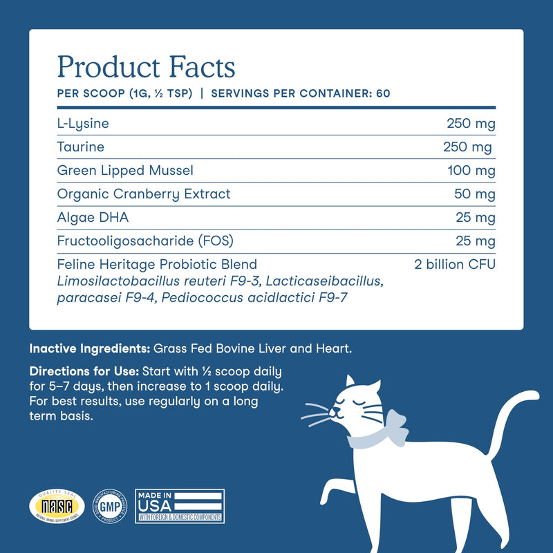 Fera Pets Wellness Blend - Cat Health Supplement with Feline-Specific Probiotics, Taurine and Lysine - Promotes Healthy Joints, Immunity, Heart & Bladder -Powder - 60 Scoops