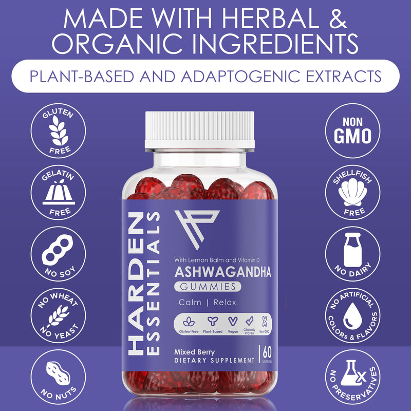 KSM-66 Ashwagandha Gummies 750mg Per Gummy – 1,500mg Per Serving – Stress & Cortisol Support – with Lemon Balm & Vitamin D – 60 Count (30 Day Supply) – Vegan – Harden Essentials