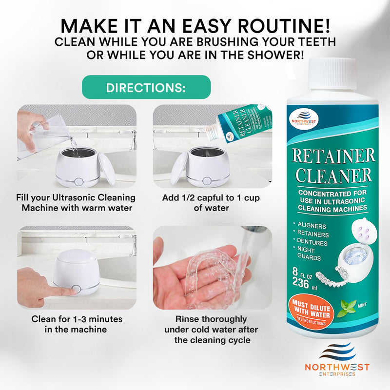 Ultrasonic Retainer Cleaner Solution Concentrate - Ultrasonic Denture Cleaner for Ultrasonic Machines - Cleans Mouthguards, Invisalign, and Nightguards - Updated Formula (Mint) (16 Ounces) 16 Ounces