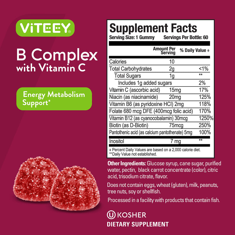 Viteey Vitamin B Complex Gummies with Vitamin C - 120 Count | B6, B12, Niacin,Folic Acid, Biotin, Pantothenic acid - Energy, Metabolism & Immune Support - Vegan, Gluten-Free 60 Count (Pack of 2)