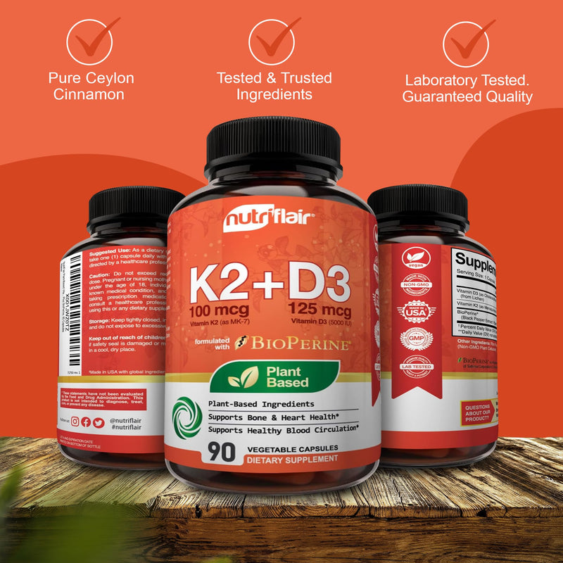 NutriFlair Vitamin D3 + K2-5000 IU D3 / 100 mcg MK7, 90 Capsules | Plant-Based Ingredients, Non-GMO 90 Count (Pack of 1) D3 (5,000 IU) + K2